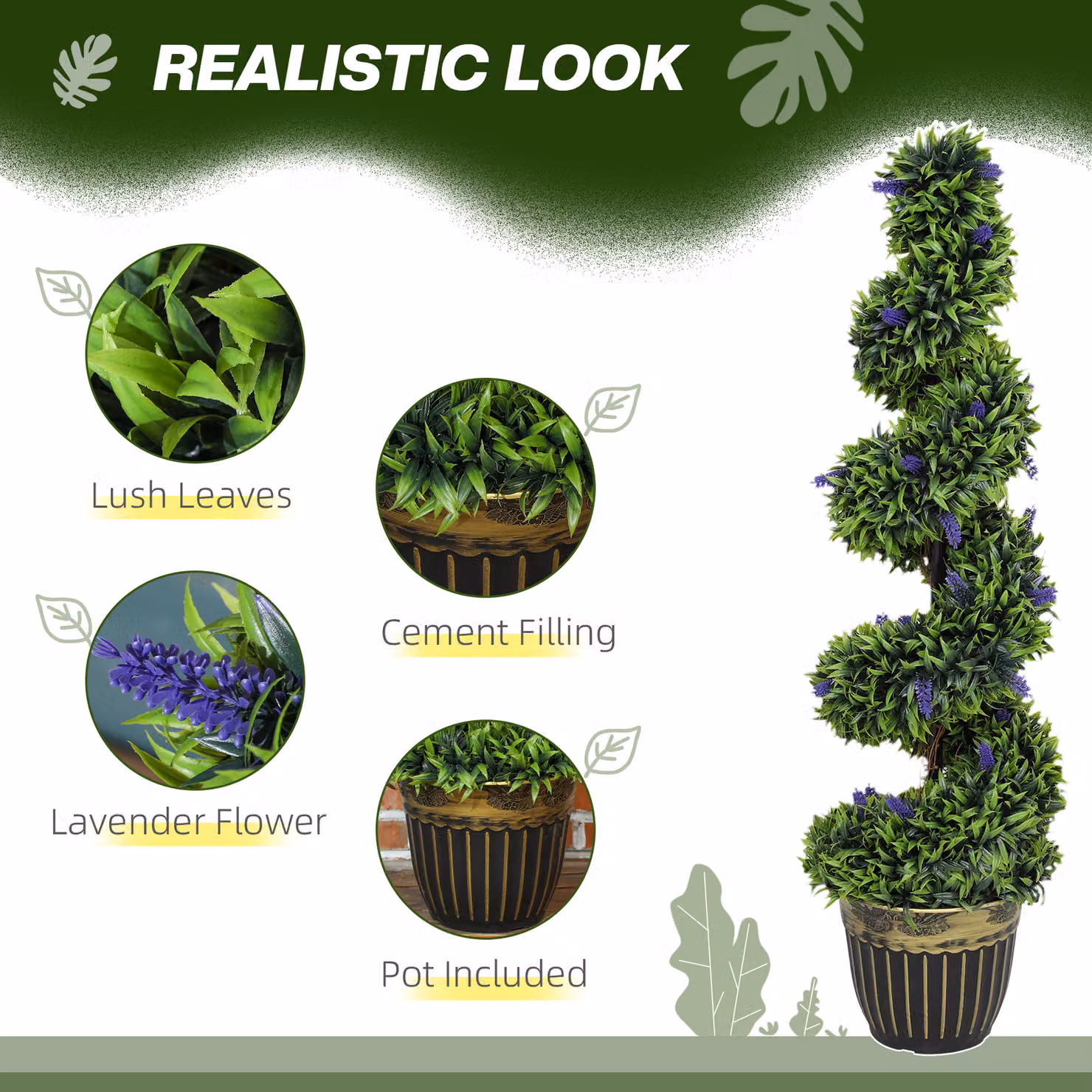 HOMCOM Set of 2 Green Artificial Boxwood Spiral Topiary Trees with Lavender and Pots, Height: 115 cm – 4