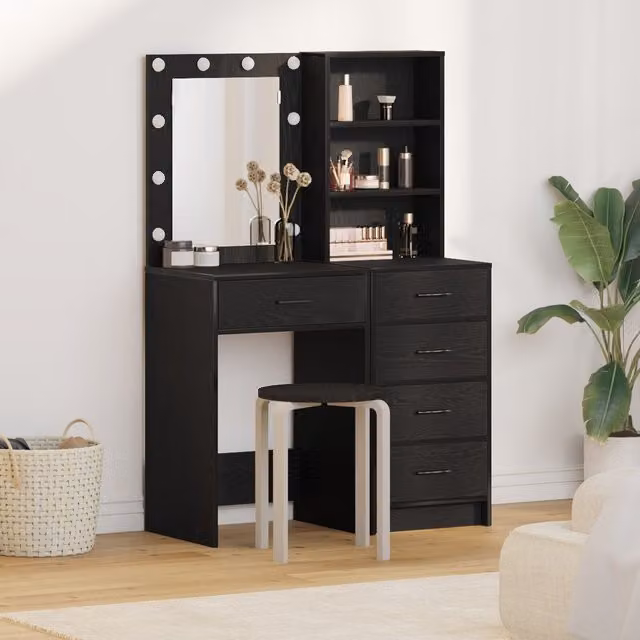 Berkfield Home 2 Piece Modern Hollywood LED Dressing Table Set in Black Matt Engineered Wood