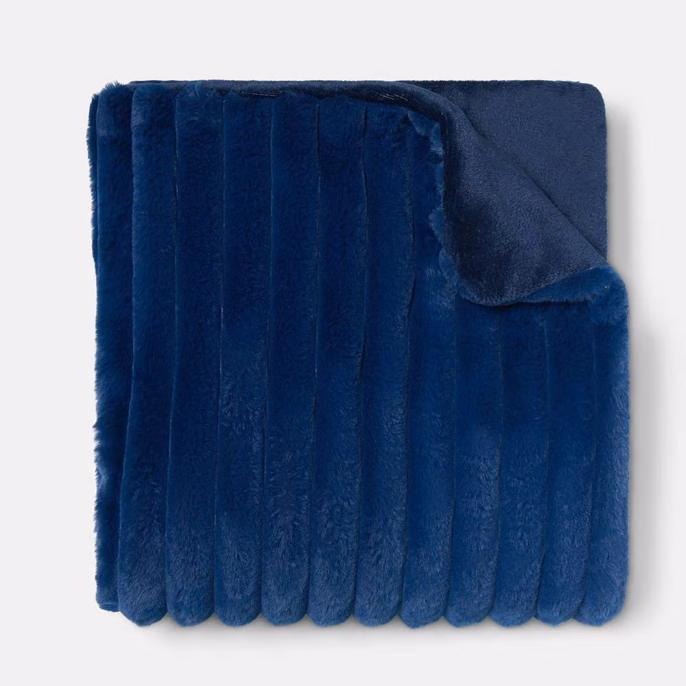 OHS Navy Blue Faux Fur Ribbed Fleece Throw Blanket, W: 200 cm, D: 240 cm – 3