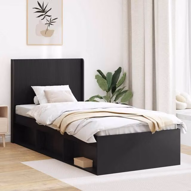 Berkfield Home Modern Bed Frame with Headboard and Side Compartment Storage, Black, W/D/H: 100 x 200 cm