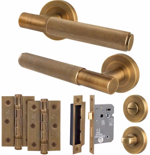 AFIT Antique Brass Knurled Lever Rose Bathroom Lock and Bronze Hinges, W/H: 150 x 150 mm – 1