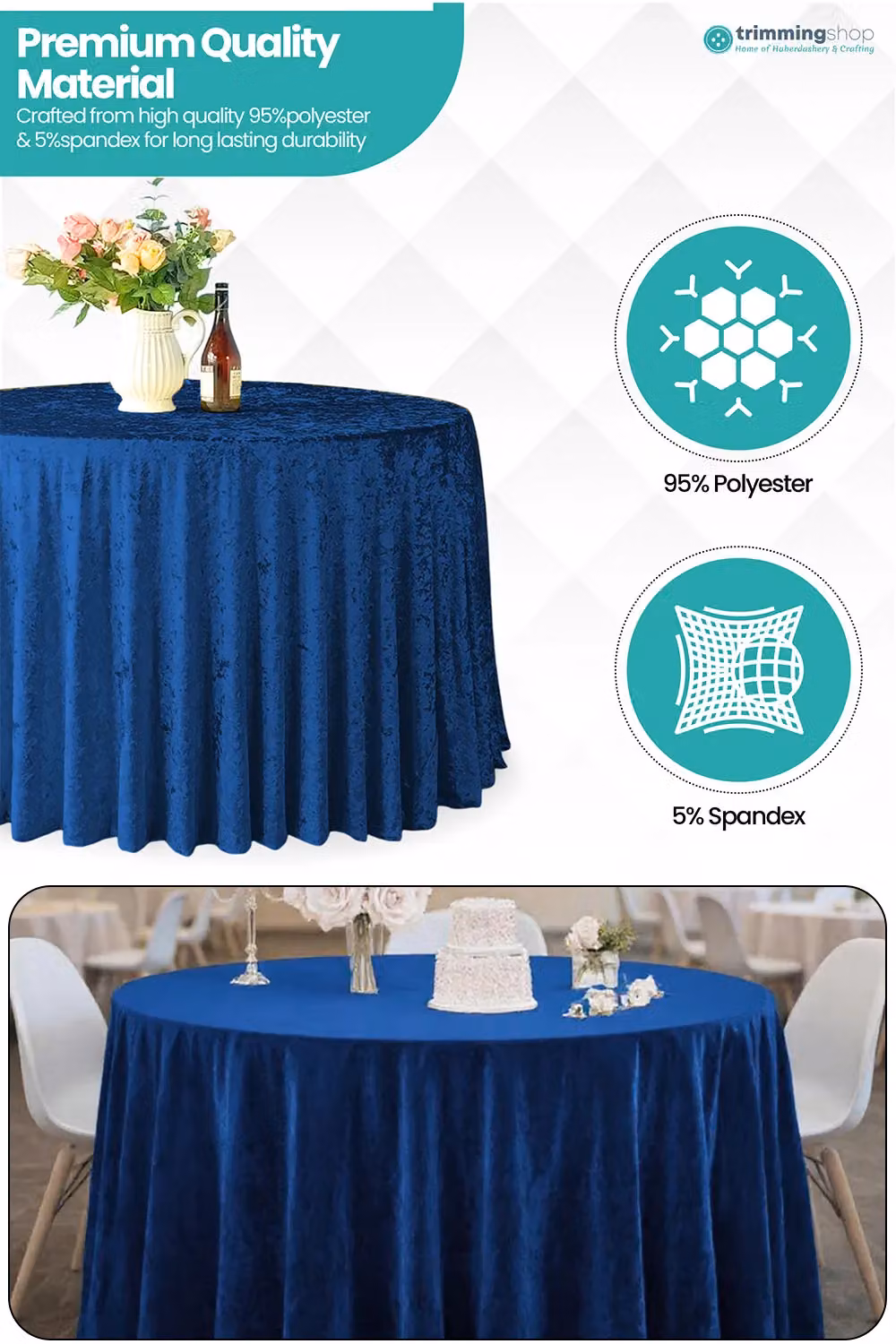 Neel Blue Diamond Velvet Round Tablecloth in Royal Blue, Diameter: 304.8 cm – 3