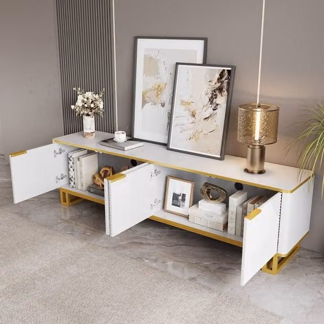 BTM Modern Geometric TV Cabinet and Lowboard Storage Unit in White and Gold