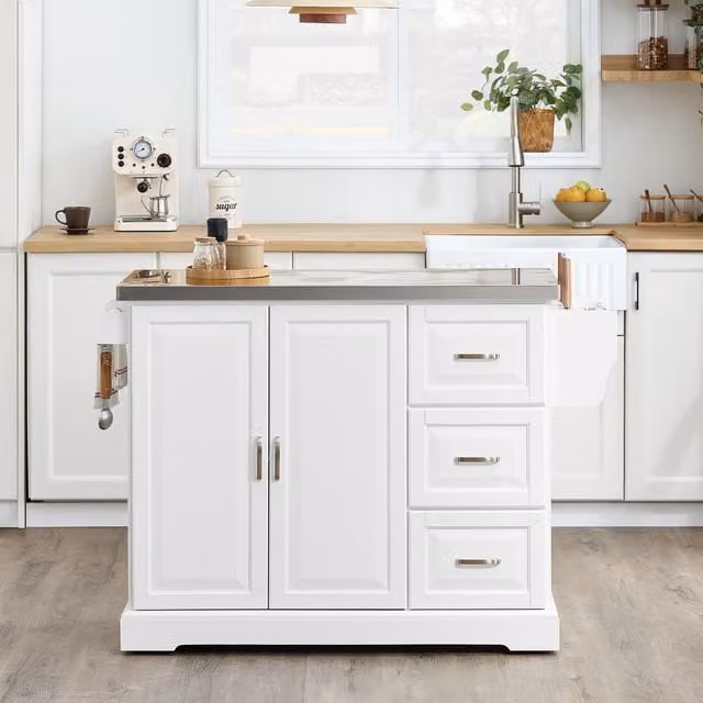 SoBuy Foldable Kitchen Island with 3 Drawers in White