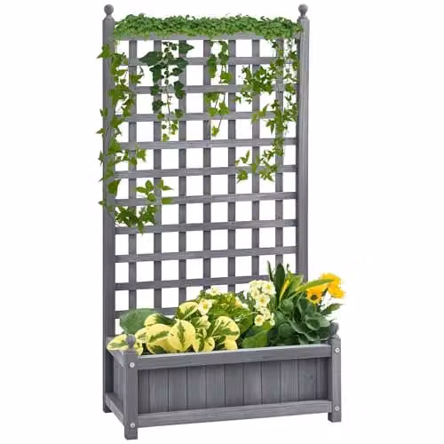 Outsunny Wooden Raised Garden Bed with Trellis, Grey, W/D/H: 64 x 28 x 120 cm – 1