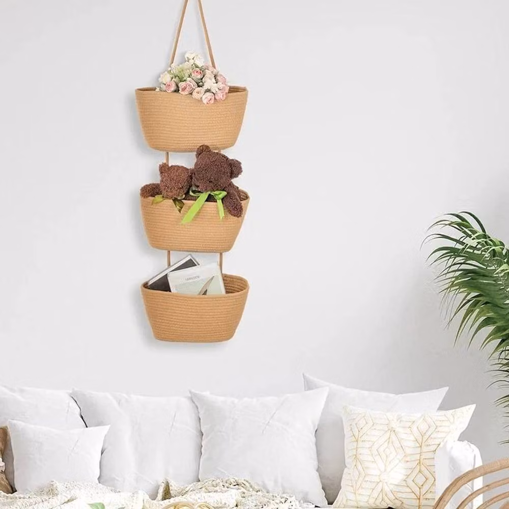 FORGEVIO 3-Tier Brown Fabric Wall Hanging Over The Door Storage Basket – 3