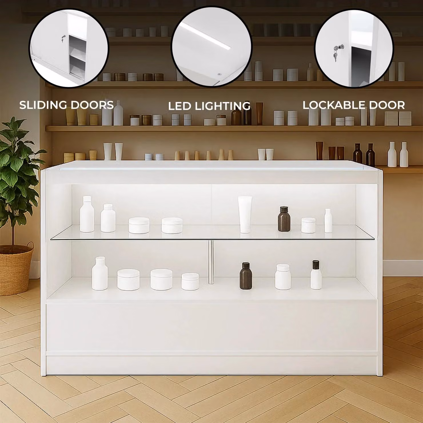 Monstershop C1500 LED Retail Shop Counter in White with Glass Sliding Doors and Integrated Lighting – 2