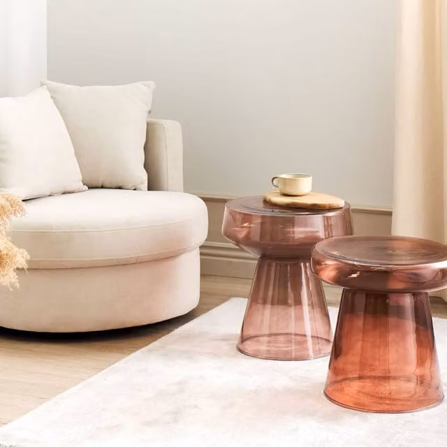 Wyld and Coco Set of 2 Transparent Red Round Glass Side Tables
