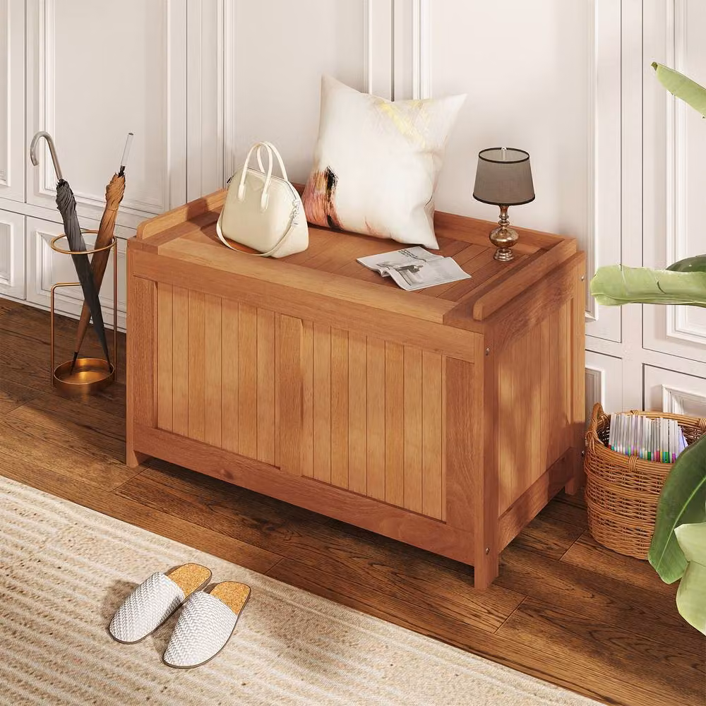 Gymax 190 L Brown Teak Wood Patio Storage Bench Flip Top Deck Box Outdoor Container Chest – 7