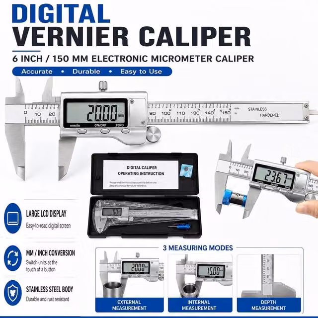 ATEK Digital Vernier Caliper, 150mm Stainless Steel Electronic Measuring Tool with LCD and Inch/Millimeter Conversion, Silver – 3