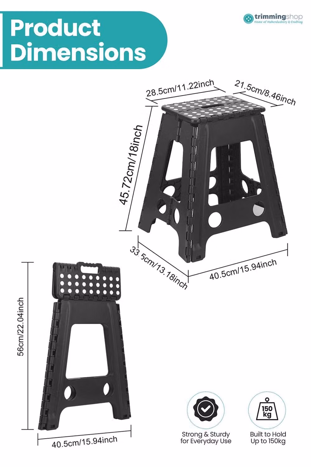 Neel Blue Foldable Step Stool in Black with Anti-Skid Rubber Feet, W/D/H: 45.72 x 28.45 x 21.59 cm – 2