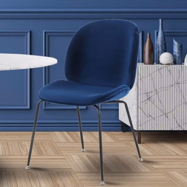 Fusion Living Modern Navy Blue Velvet Dining Chair with Black Metal Legs