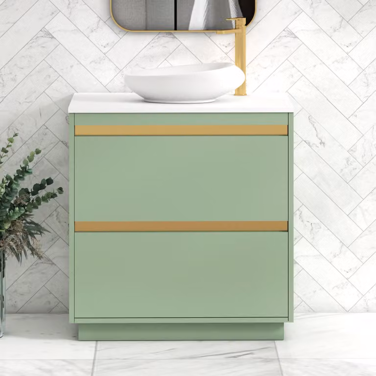 Royal Bathrooms Orion 800mm Mint Sage Floor Standing 2 Drawer Vanity Unit with Nova Basin and Brushed Brass Accent Trim