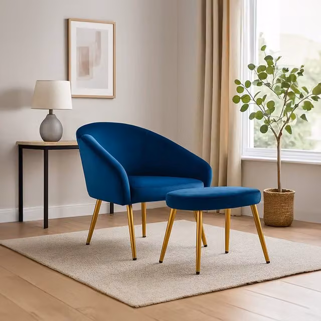 Orsina Midnight Blue Velvet Armchair and Footstool Set with Gold Metal Frame