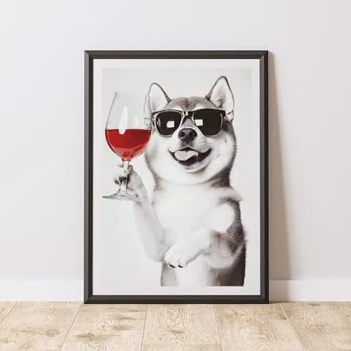 60 Second Makeover Limited Funny Shiba Inu Drinking Wine Paper Poster, Black, White and Multicolour, A3