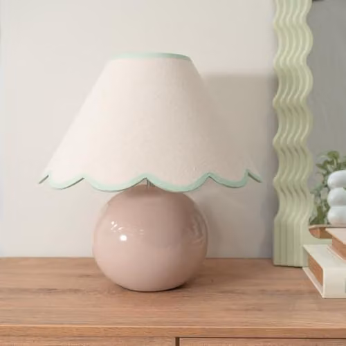 ValueLights Stone Natural Ceramic Table Lamp with Green Trim Scallop Lampshade and Included LED Bulb in White and Green – 2