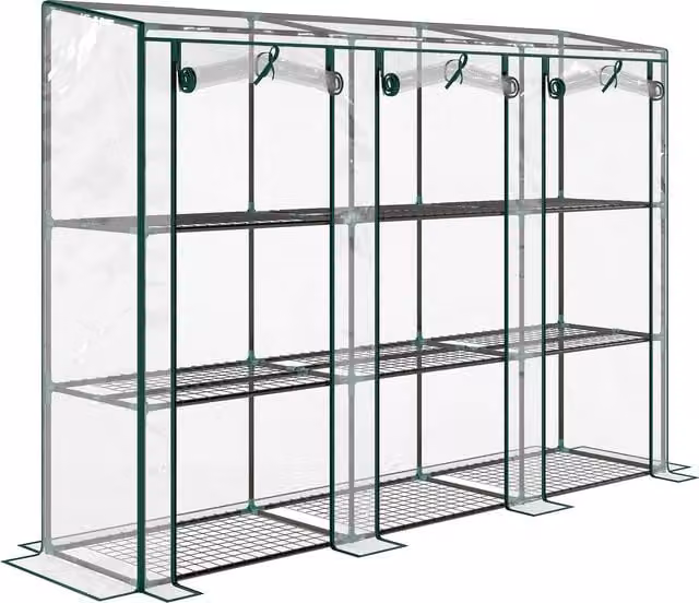 Outsunny 3 Tier Lean-to Mini Greenhouse with Reinforced Plastic Cover and 3 Roll-Up Doors, Clear, W/D/H: 215 x 46 x 151 cm