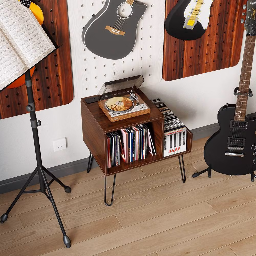 Gymax Modern Brown Metal Turntable Stand with Power Outlet and Display Shelf – 3