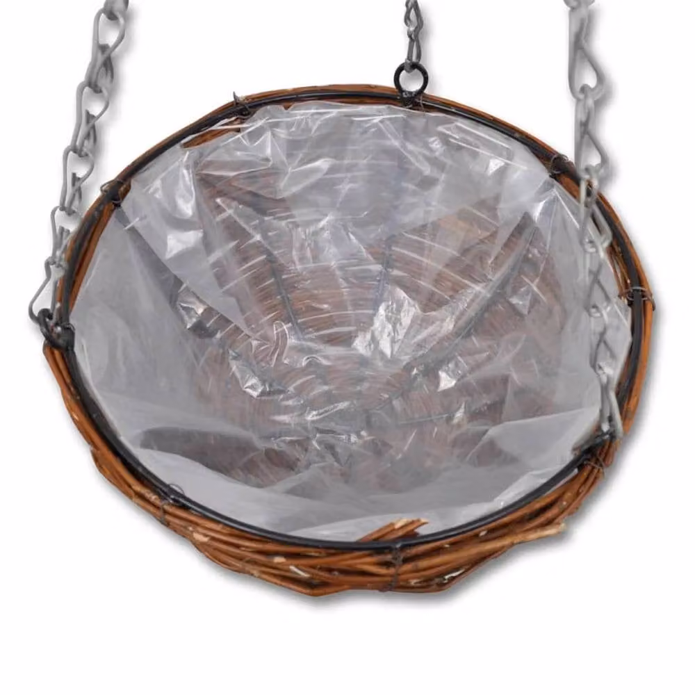 Berkfield Home Set of 4 Hanging Round Willow Planter Baskets with Liners and Chains in Brown – 3