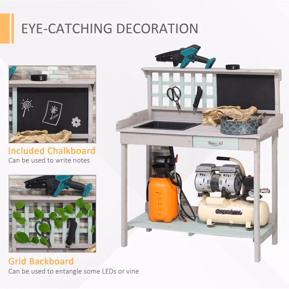 HOMCOM Outdoor Potting Table Bench Workstation with Wood Planting Shelves in Grey – 4