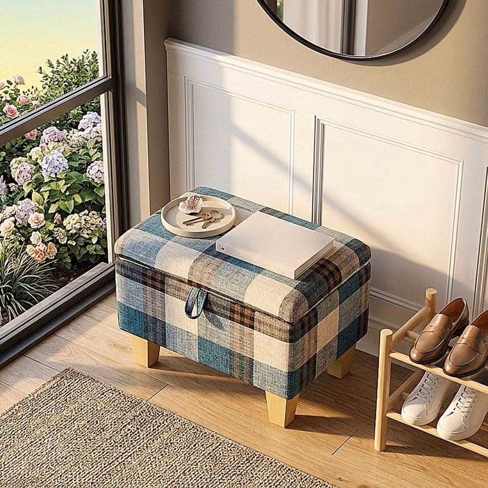 FORGEVIO Blue Checked Linen Upholstered Small Storage Ottoman Footstool Bench – 2