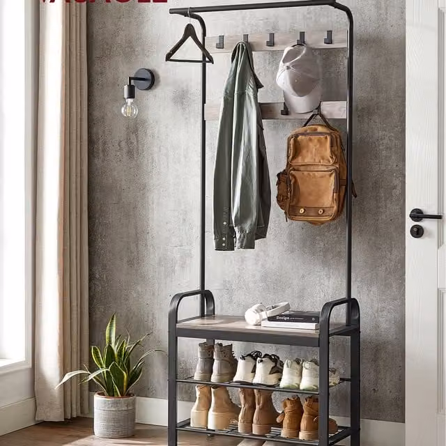 VASAGLE Industrial Hall Tree with Bench and Hooks in Brown and Black