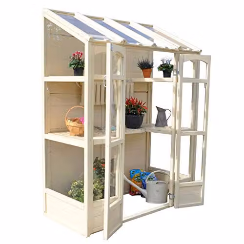 Forest Garden Victorian Tall Wall Lean-to Greenhouse in Brown or White with Acrylic Windows and Double-Wing Doors, W/D/H: 147 x 74 x 198 cm – 1