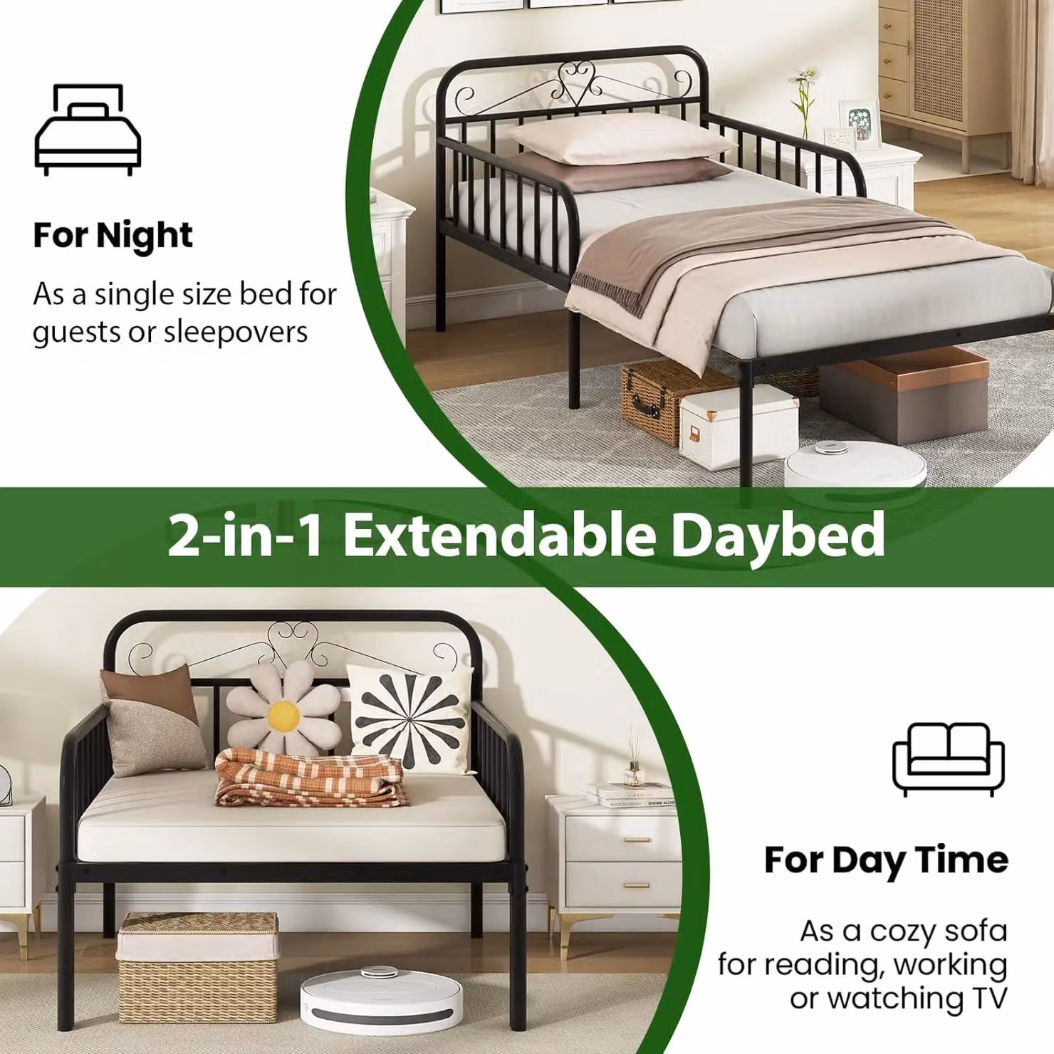Gymax Extendable Single Metal Daybed Frame with Trundle and Slats Support in Black, W: 90 cm, L: 200 cm – 2