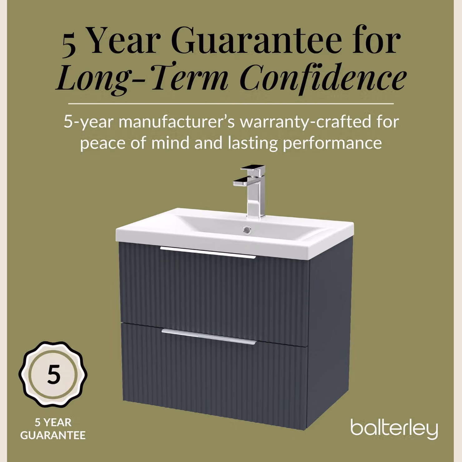 Balterley Fluted Wall Hung 2 Drawer Vanity Basin Unit and Basin, Dark Grey, Width: 600 mm – 4