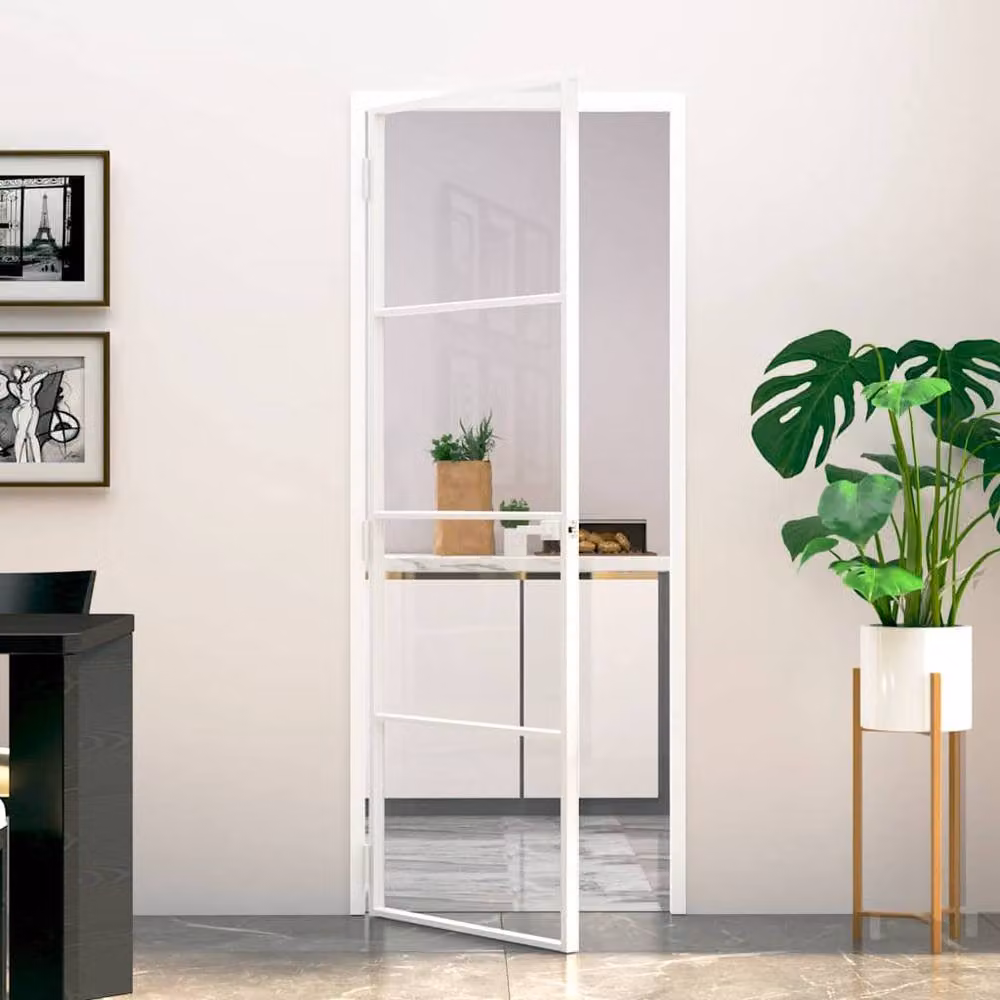 Berkfield Modern Interior Door in White with Transparent Tempered Glass and Aluminium Slim Frame, W: 76 cm, H: 201.5 cm – 2