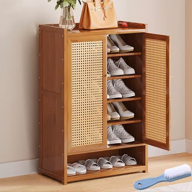 Hinsinc Wooden Shoe Cabinet with Double Rattan Doors in Brown, H 94 cm x W 60 cm x D 32 cm