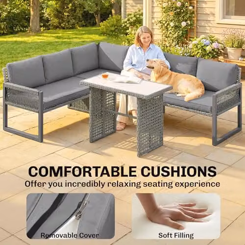 Outsunny 6 Seater Rattan Garden Furniture Set with 4 Piece Grey Polyrattan Design and Glass Table – 3