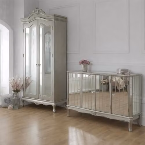 Melody Maison Tiffany Range Silver Mirrored Wardrobe and Large Sideboard – 1
