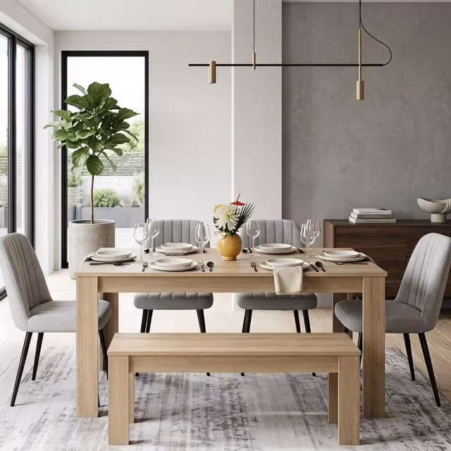 Kosy Koala Oak Effect Dining Table, Bench and 4 Grey Fabric Chairs Set in Brown