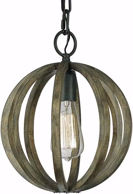 Loops Antique Weather Oak Wood and Forged Iron Suspended Ceiling Light Fitting with E27 LED Bulb