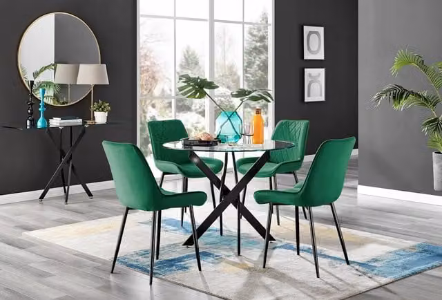FurnitureboxUK Novara Round Glass Dining Table and 4 Pesaro Soft Velvet Chairs in Green with Black Legs