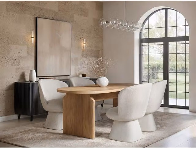 Solace+Co Varm Wooden Ribbed Dining Table and 4 Aiko Chairs Set in Brown and White
