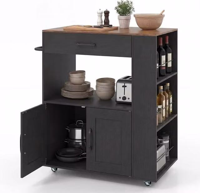 Kelvenix Modern Black Kitchen Island Cart with Wood Storage