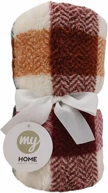 My Home Skye Check Teddy Fleece Throw in Red and Multicolour