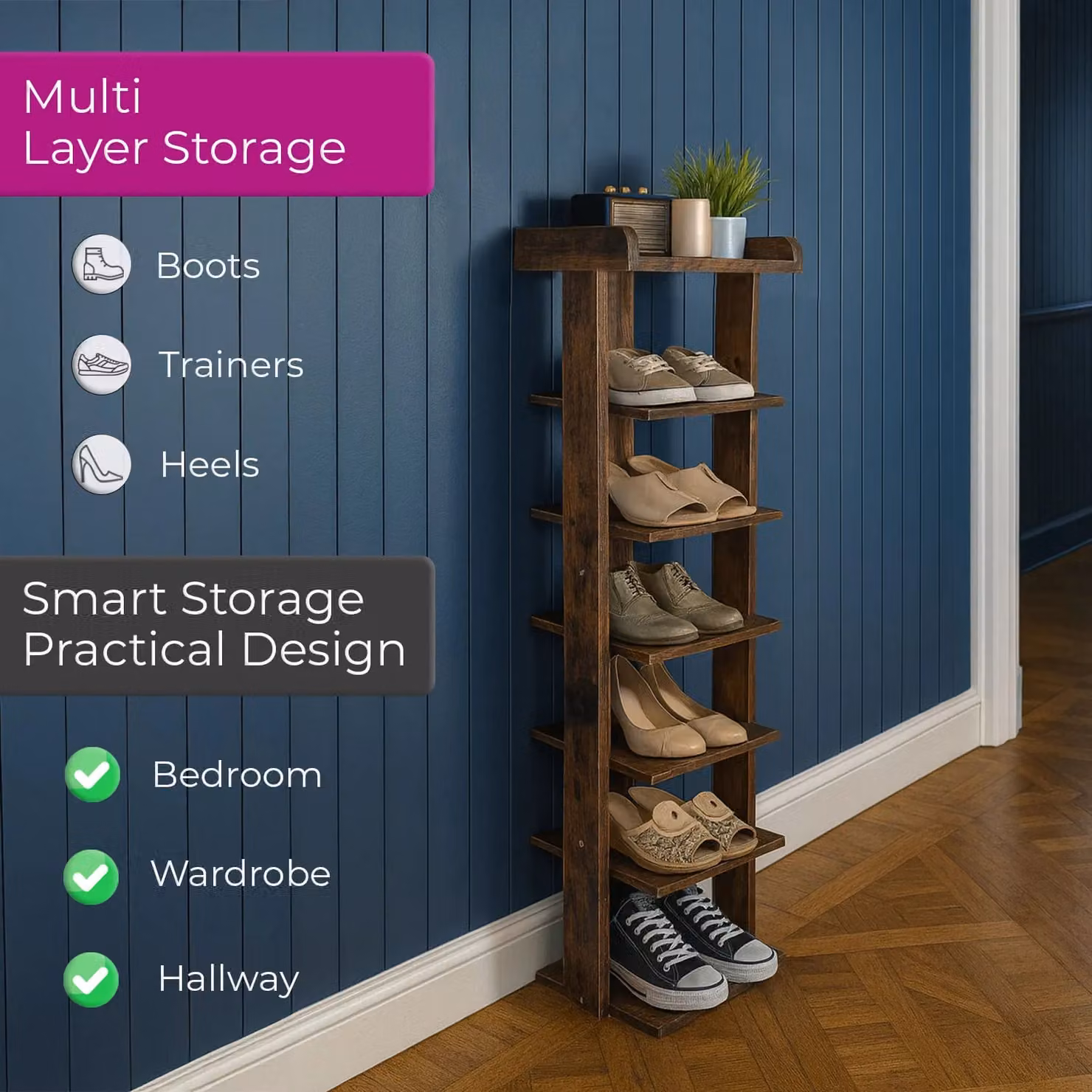 Neo 7 Tier Slim Wooden Shoe Rack Storage in Dark Brown – 2