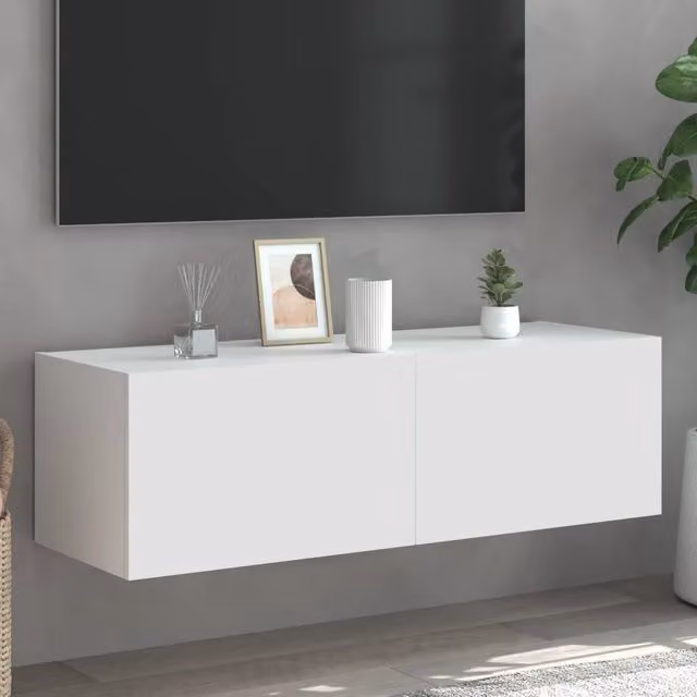 Berkfield Home Modern White Wall Mounted TV Cabinet with Integrated LED Lighting W/D/H: 100 x 35 x 31 cm