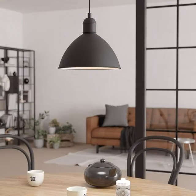 Eglo Priddy Industrial Dome Pendant Light in Black Metal with White Interior
