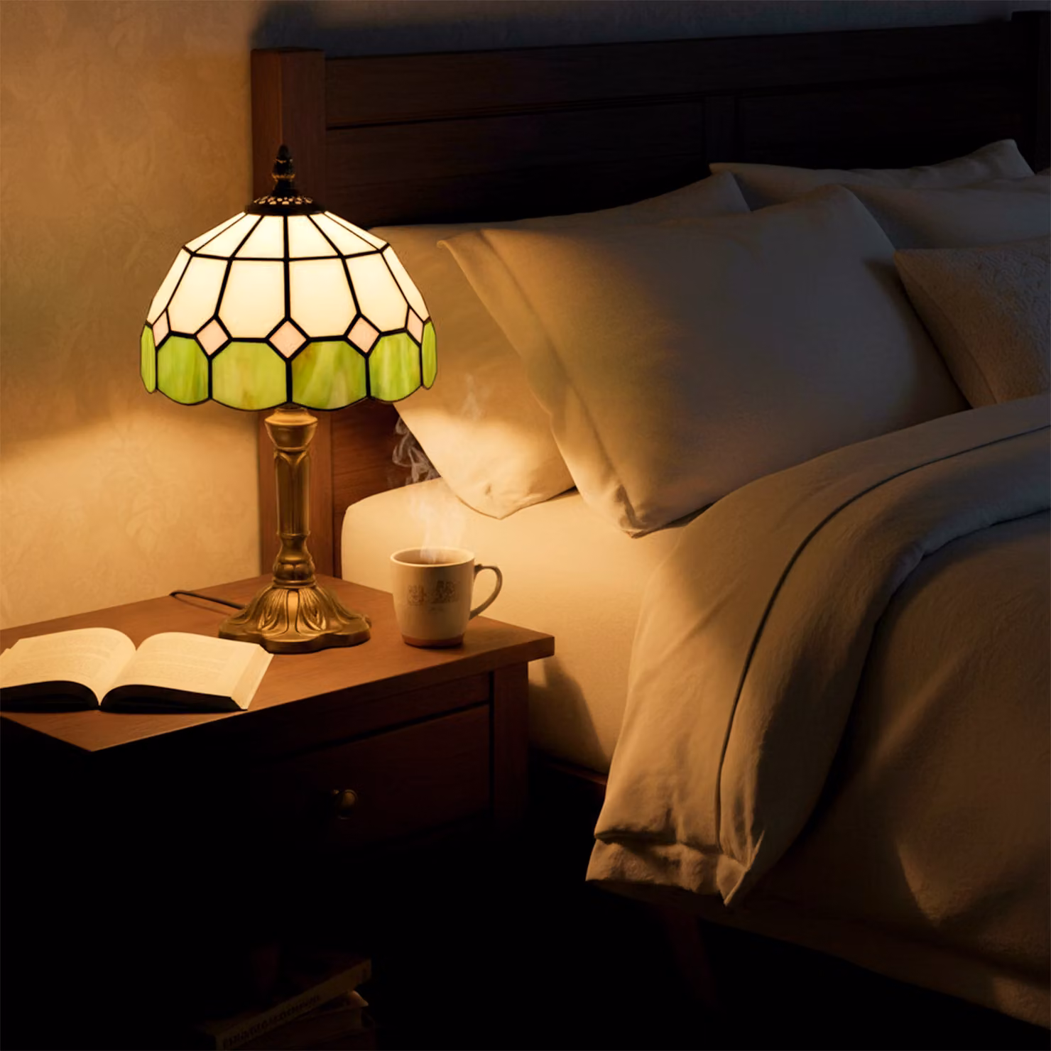 HOMCOM Art Deco Handmade Glass Table Lamp in White and Green with Bronze Base – 2
