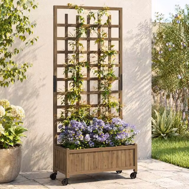 STILVORA Wooden Raised Planter with Trellis and Wheels in Brown, H 186.0 x W 77.5 x D 54.0 cm – 1