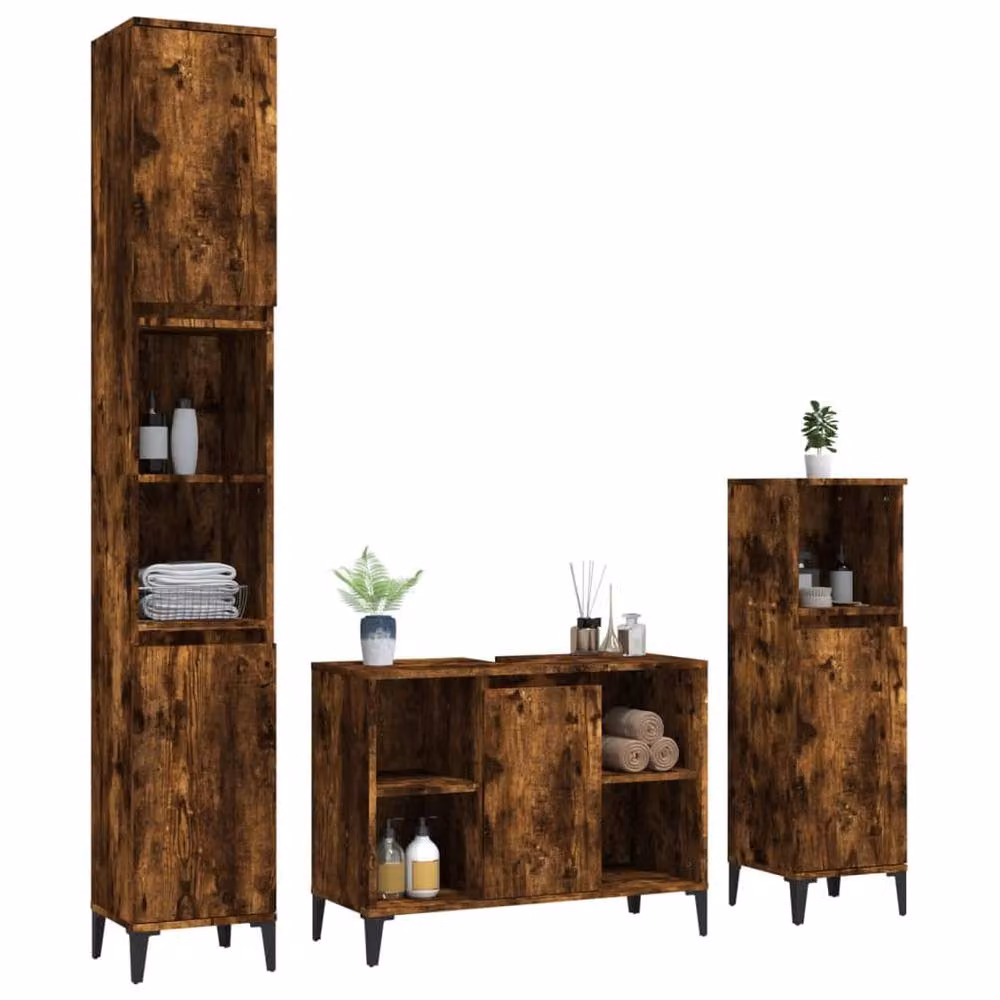 Berkfield Home Modern 3 Piece Brown Smoked Oak Bathroom Furniture Set including Vanity Unit, Tall Cabinet and Side Cabinet – 3
