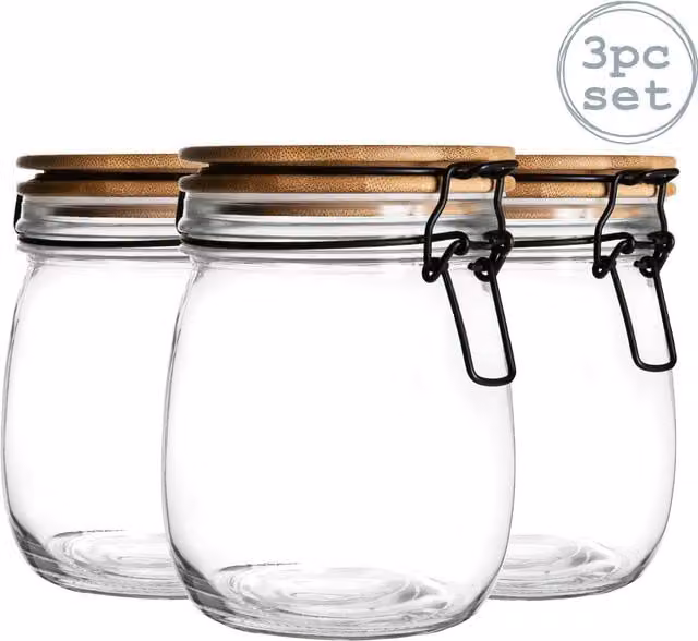 Argon Tableware Set of 3 Leakproof Glass Storage Jars with Wooden Clip Lids, 0.75 l, White