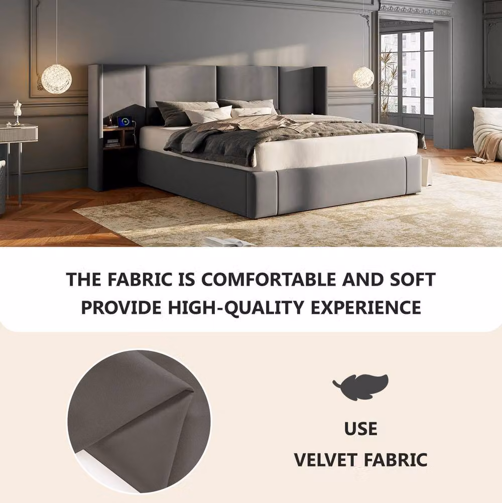 STILVORA Grey Upholstered Ottoman Bed with 2 Bedside Tables and USB Charging Ports, W/D/H: 180 x 200 cm – 3