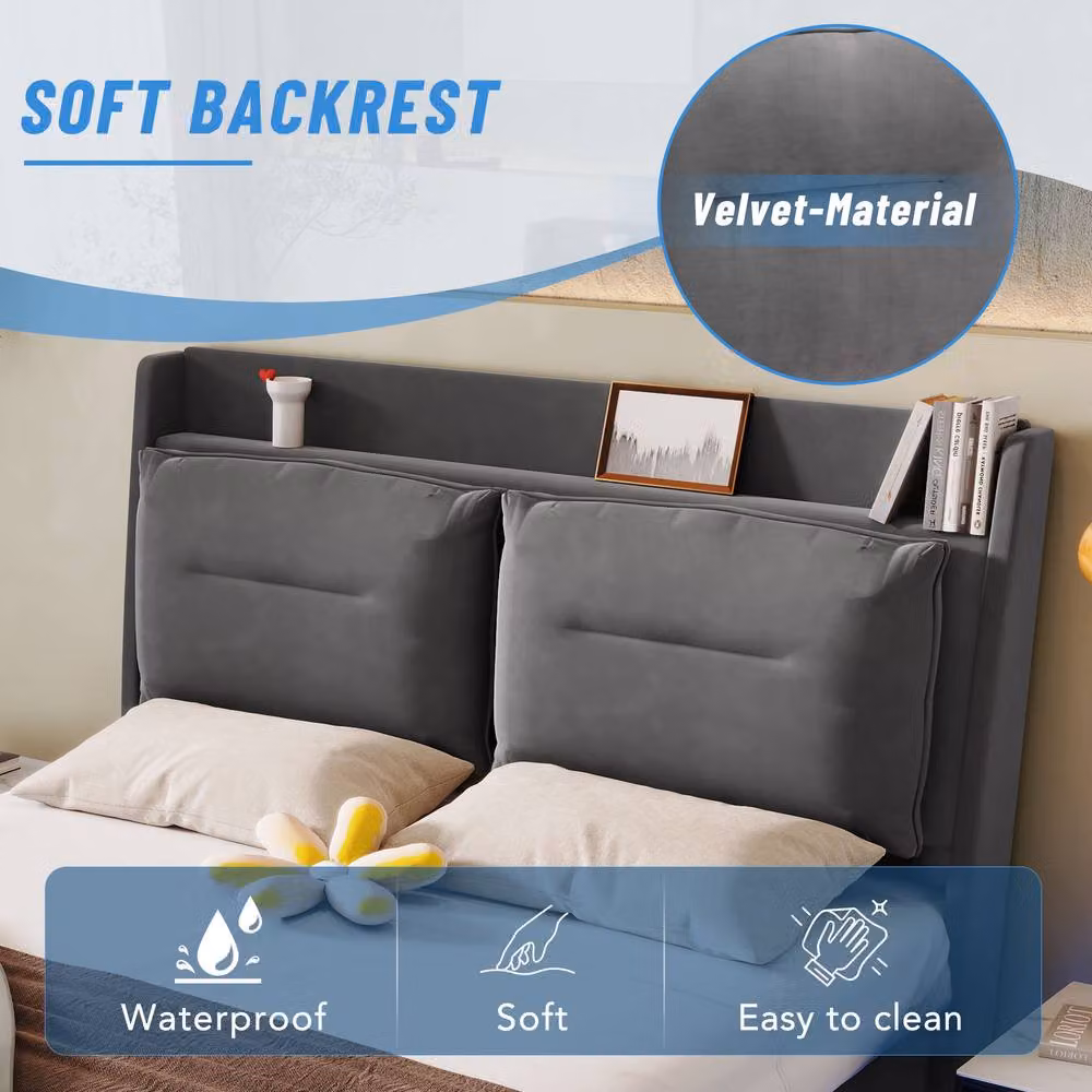 BTM Dark Grey Velvet Double Hydraulic Bed with LED Under-Bed Lighting and Storage – 4