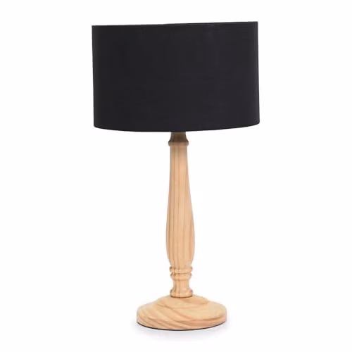 ValueLights Traditional Light Wood Candlestick Table Lamp with Black Fabric Drum Shade and Included LED Bulb, H 45.5 x W 25.5 x D 25.5 cm – 1