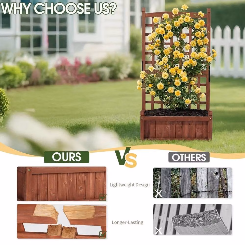 Kelvenix Wooden Raised Garden Bed with Trellis in Brown, W: 63 cm, D: 30 cm, H: 127 cm – 3